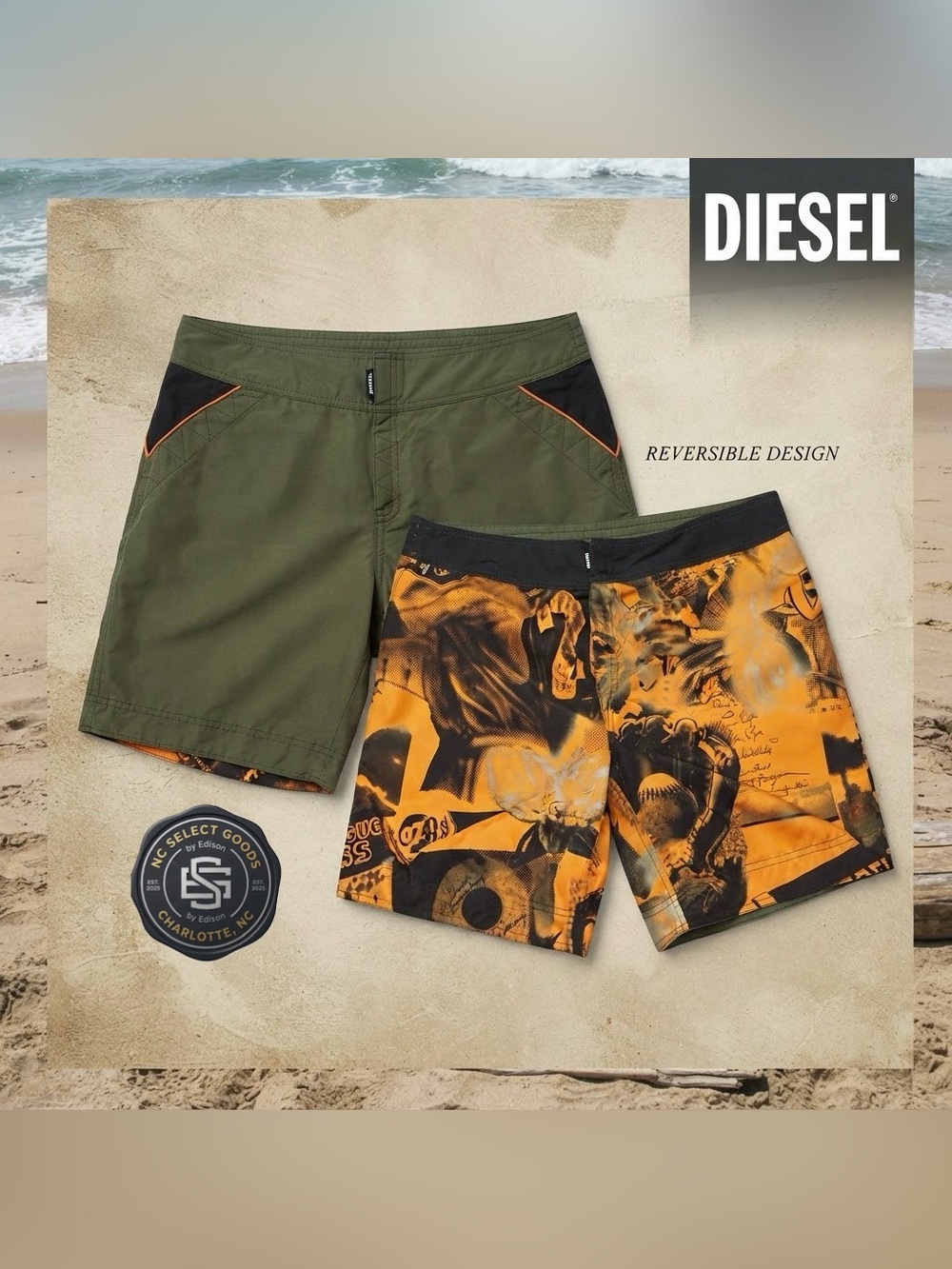 ⁠Diesel Reversible Athletic Swim Board Shorts Olive Green Orange Size S⁠
